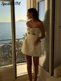 Flower Bow Strapless Mini Dress Women Slim Sleeveless Cut Out Zipper Pockets Robe 2024 Lady Sexy Party Club A-line