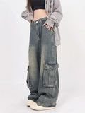 Zingj Old Vintage Washed Jeans For Versatile And Versatile High Street Pocket-Down Casual Cargo