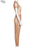 Mesh Outfits Women Two Piece Set Skinny O-Neck Short Sleeve Bodysuits Top+Skirt See Through Clubwear Vacation Matching