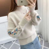 Zingj Neck Jumper Embroidered Sweater Women's 2023 Autumn New Korean Version Of Sleeves Embroidered With Long Sleeves With Loose