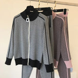 women clothing set casual body suits cardigan pants outfits spring plaid two pieces set woman knitted