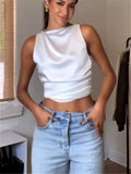 Black Crop Top Women Satin Backless Top Female Y2k Streetwear Sexy Tops Woman Fashion Tied Sleeveless Tank Tops For