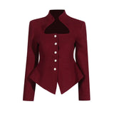 British Wind 2025 New Standing Collar Hollow Out Waist Irregular Short Texture Long Sleeve Suit Jacket