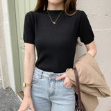 Summer Knitted Thin Sweater Pullovers Korean Half Sleeve Turtleneck Sweater for Women Slim Jumper Tops Office