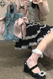 Women Black Harajuku Kawaii Y2k Mini Skirts Bow Above Knee Lolita Summer Japan Style Lace Patchwork High Waist Cake