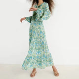 2022 Women Print Elastic Waist Maxi Dress V Neck Female Long Sleeve Elegant Office Lady Dresses Vestidos