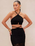 Summer Women's New Hollow Open Waist Design Hanging Neck Knitted Tuxedry Dress Romantic Sweet