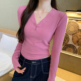 Designers Are Impressed By The Beauty Of V-Neckline Slim Button Long-Sleeved T-Shirt Women's New Sweet And Spicy T-Shirt In Early