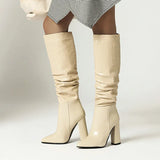 New Autumn Winter Zebra Print Women Boots Fashion Pleated Square High Heel Knee High Boots Ladies Slip On Pointed Toe