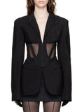 Zingj Coat Female 2024 New French Casual Fish Bone Beam Waist Mesh Stitching Slim Perspective Small Suit