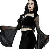 Strapped With Lace Spliced Horn Long-Sleeved Shirt Dark Slim Sexy Navel Cardigan