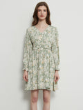 Retro Pleated V-neck Buttons A-line Floral Dress Women Elegant High Waist Mini Dress Lantern Sleeves Vestido