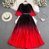 Zingj Familiar Style Socialite Temperament Five-Sleeve Round Collar Waist To Show Thin A Word Large Pendulum Gradual Color Printed Pleated