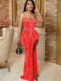 Sexy Rhinestone Crystal Irregular High Split Maxi Dress New Women Strap O Neck Bodycon Birthday Clubwear Long