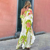 Green Boho Print Long Kimono Chiffon Tunic Women Big Size Spring/Autumn Beach Wear Sexy Club Maxi Dress Robe