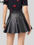 Spring Summer Luxury Black Soft Faxu Faux Leather Mini Swing Skirt Zipper Designer Clothes Women Streetwear Fashion