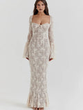 Lace Square Neck Long Flare Sleeve Maxi Dress- Outfit