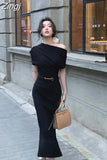 Fashion One Shoulder Folds Ladies Summer Sleeveless Bodycon Dress Elegant Chic Party Evening Wedding Dresses for