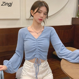 Sleeve T-shirts Women V-neck Shirring Solid Leisure Elegant Cozy Fashion College Sexy Sweet Slim College Ulzzang Crop