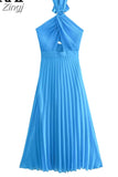 2023 Woman Halter Long Dress Women Cut Out Blue Backless Dress Woman Pleated Off Shoulder Summer Elegant Party