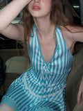 Color Green Stripe Lace Tie Neck Dress Summer New Sexy Style Waist Waist Slim