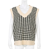 V-neck Sweaters Women Sleeveless Print Casual Y2K Loose England Style Patchwork Knit Autumn Winter Tank Tops