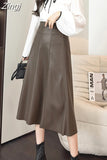 Autumn Winter Women's Skirts Pu Leather Half-length Skirthigh-waist Mid-length A-line Skirt Elegant Splicing Women