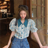 Korean Style Vintage Plaid Shirt Summer Harajuku Tunic Puff Sleeve Top Girls Kawaii Beautiful Green Chic Women