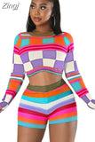 Women Winter 2023 New Colorful Plaid Printed Street Casual National Style Sweater Two Pieces Sets Elastic Skinny