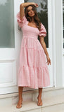 Plaid Puff Sleeve Midi Dress-Outfit