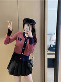 Plaid Cardigan Crop Top Fall 2021 Women Cropped Sweater Coat Full Round Neck Diamond Buckle Knit Cardigan Elegant