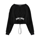 Retro Graffiti Print Letter T Shirt Women Long Sleeve Two Piece Tops Halter Tank+ Pullovers Grunge Aesthetic Tee