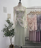 Dizzling U-Neck Rope Long-Sleeved Mesh Yarn Coat + Sling On The Back Of The Long Dress Two Sets