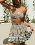 Queens Fashion Women Floral Print Strap Sleeveless Tops Bohemian Drawstring Mini Skirts 2 Pieces Rayon Cotton Boho