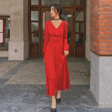 V Neck Long Maxi Dresses Women 2021 Solid High Waist Puff Sleeve Elegant Dress Sequin Party Dress Sexy Robe Femme