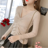 Sexy lace up knitting pullover top Fashion autumn winter sweater women Chic pink V-neck knit slim jumper pull