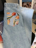 Mujer Summer Fashion Oversized Streetwear Retro Flower Print High Waist Blue Straight Casual Women Denim Trousers