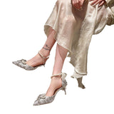 Temperament Pointed Bow Pearl Word With Silver High Heels Fine Heel Adult Lilies Hollow Lolita