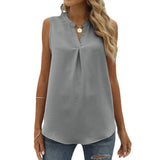 Solid Color Chiffon Leisure Shirt Loose V-neck Pullover Sleeveless Top