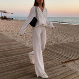 Women's Shirt Pleated Two Piece Set Loose High Waist Wide Leg Pants Suit 2022 Casual Elegant Office Ladies Female