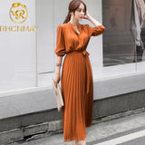 Summer Pleated Sexy Bodycon Long Dress Women Vintage Chiffon Long Sleeve Party Dress Casual Vestidos Woman Bow Belt