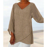 Elegant Striped Cross Criss Blouse Casual Long Sleeve V Neck Linen Baggy Shirt Vintage Linen Tunic Tops