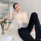 Organza Sheer Corset Top Strapless Sexy Mesh Top Women 2021 Floral Rose Patch Beige Summer Ladies Tops Fashion