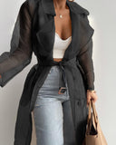 Polo Collar Color Loose Thin Lantern Sleeve Cardigan Mid-length Shirt