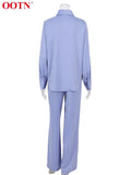 Blue Satin Home Wear Suit Spring Brown Long Sleeve 2 Piece Top And Pants Women Sets Loose Casual Solid Ladies Trousers