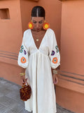 Flower Print Women's Lantern Sleeve Long Dress Sexy V Neck Backless Lace Up Loose Vestido 2024 Chic Lady Vacation