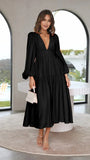 Zingj Autumn And Winter V Collar Waist Show Thin Pleated Long Sleeve Small Fresh Dress Female