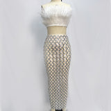 New Summer Famous Sexy Hot Diamond Camel Burried Burried Bosom Boat Dress Two-Piece