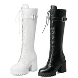 Autumn Lacing Knee High Boots Women Fashion White Square Heel Long Boots Woman Pu Leather Shoes Winter Large Size