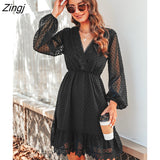 Clip Dot Lace Mini Dress For Women Sexy V-Neck Long Sleeve A-line Party Dress 2023 Spring Autumn Female Pullovers